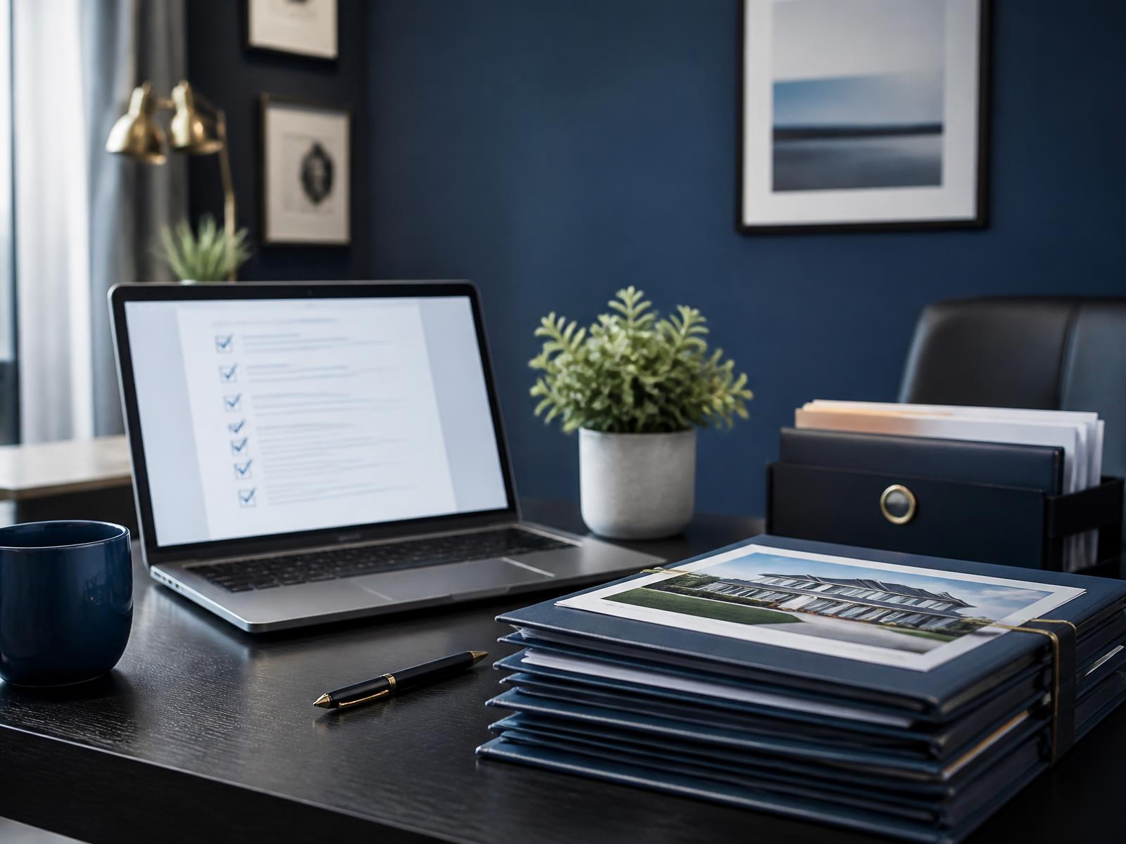 Organized real estate transaction files and laptop checklist on a desk